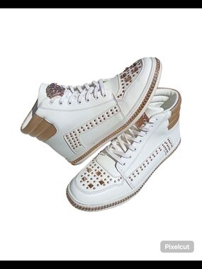 White High-Top Sneakers with Gold Studs and Tan Heel Accent